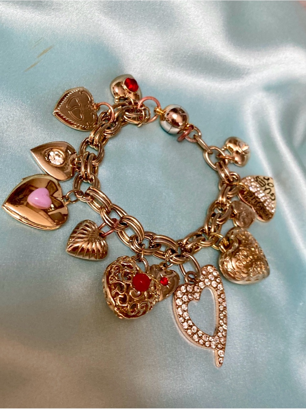 Heart Charms Locket Bracelet Vintage 80s Loaded